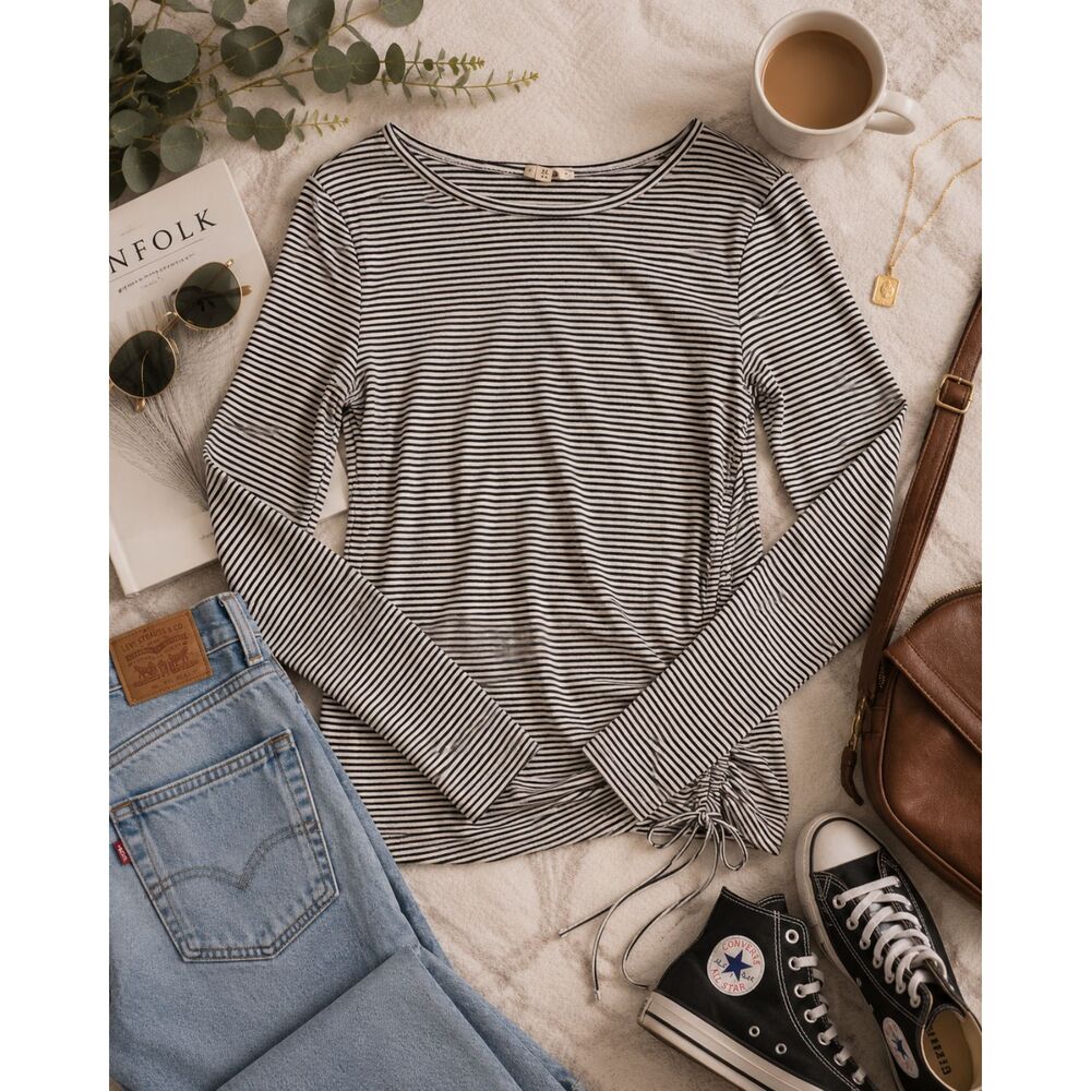 Hem & Thread Striped Tie Side Long Sleeve Top Black White Size M
